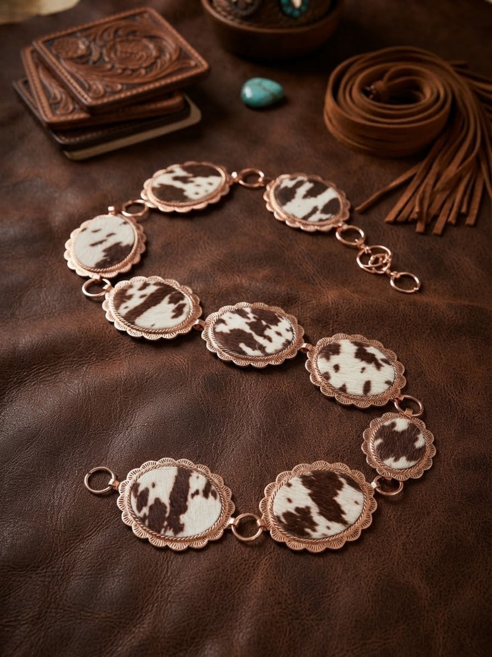 NWT True Love Cowhide Concho Chain Belt L/XL Western Rodeo
